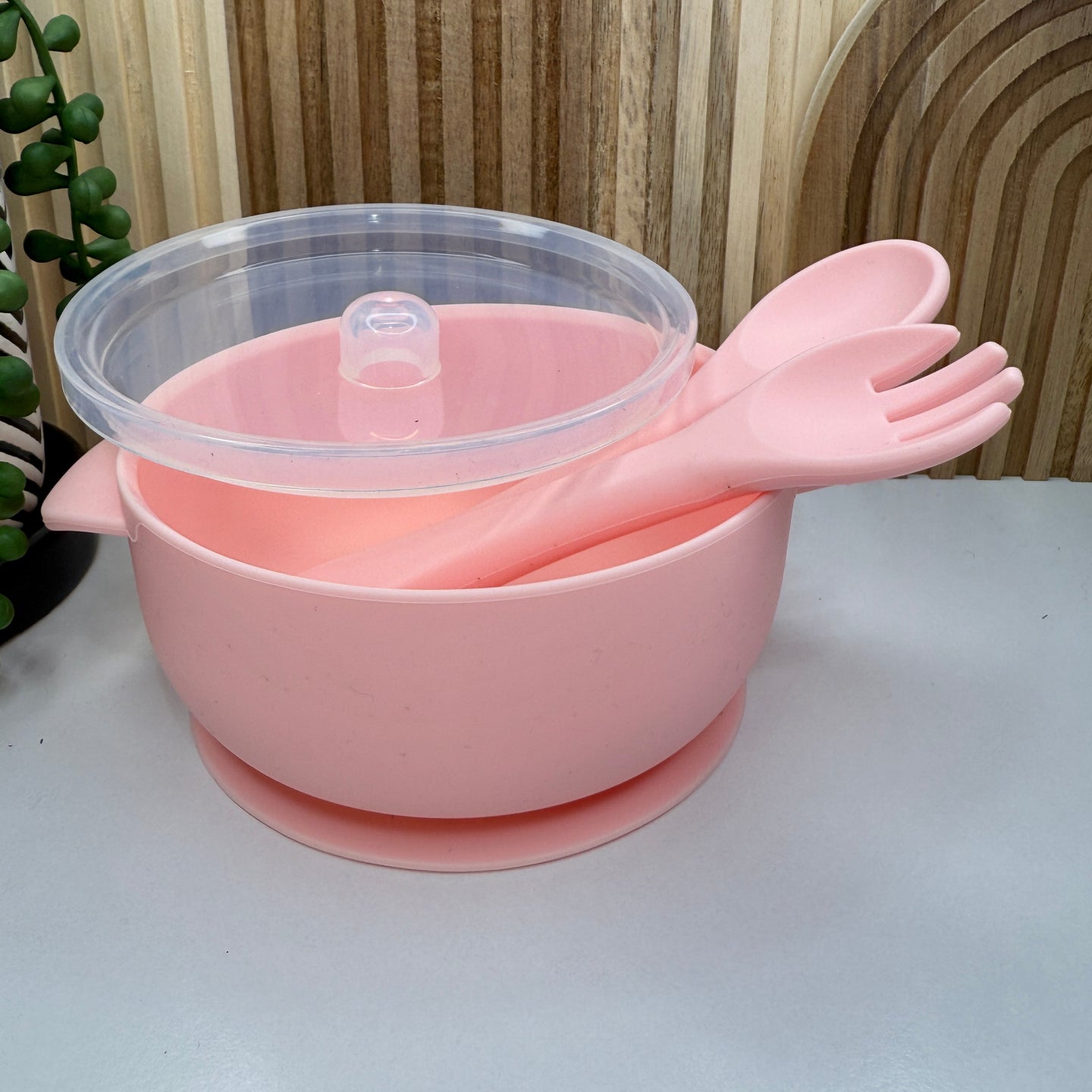 Silicone Bowl w/Lid + Utensil Set | Pink